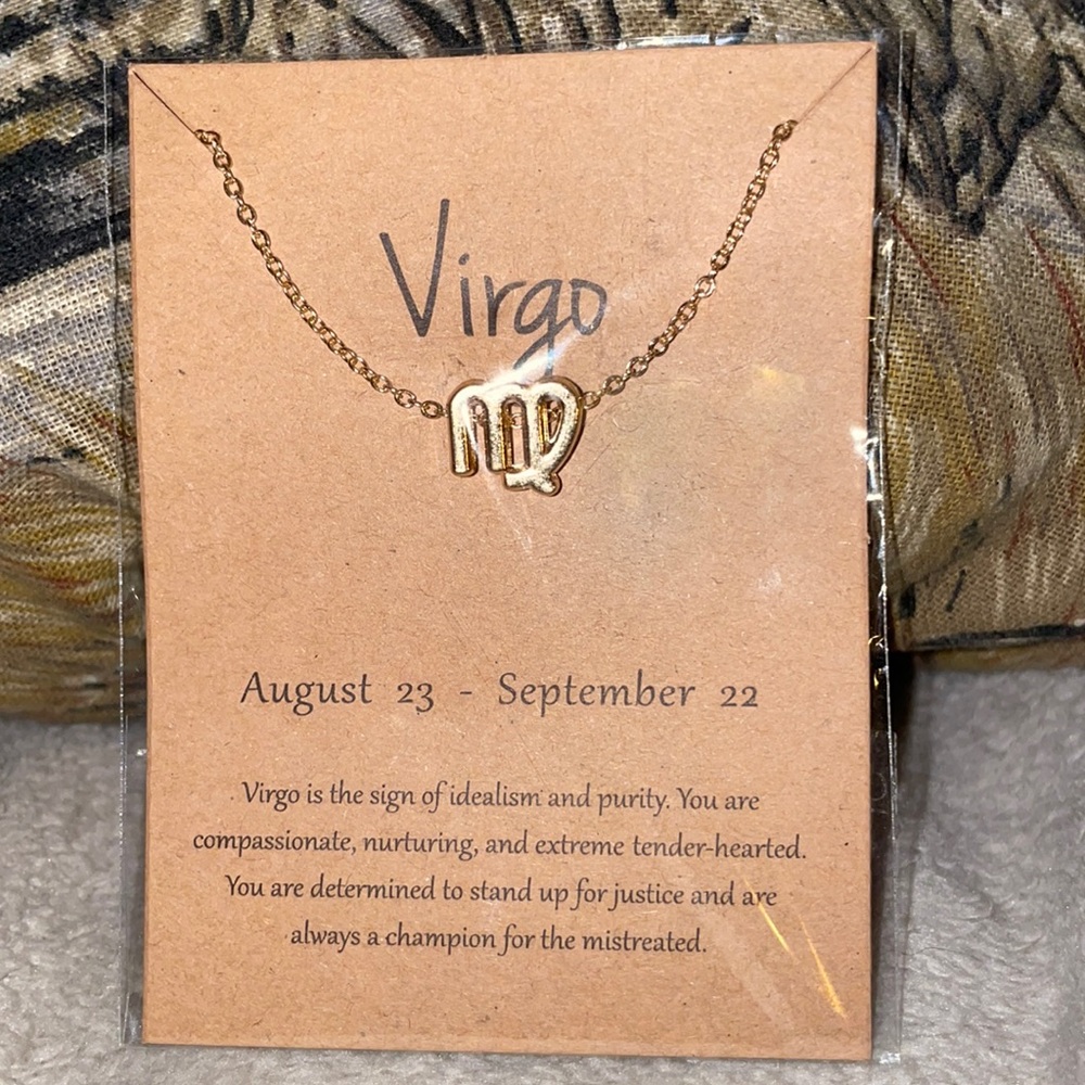 Virgo Zodiac Sign Necklace, Gold, 16” chain